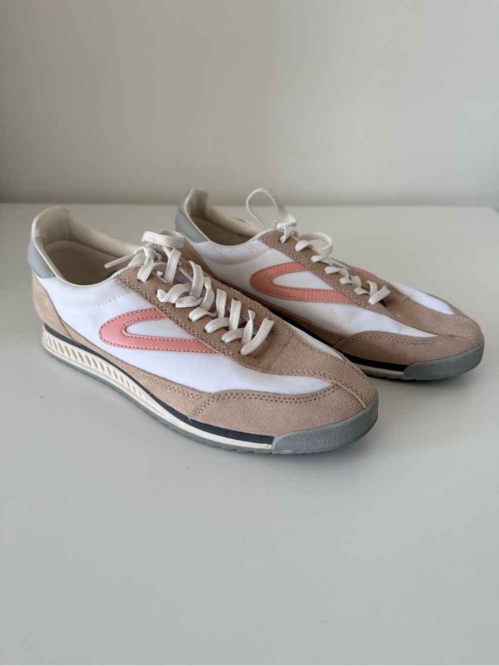 Tretorn Low-Profile Suede & Mesh Sneakers in Beige, White & Pink